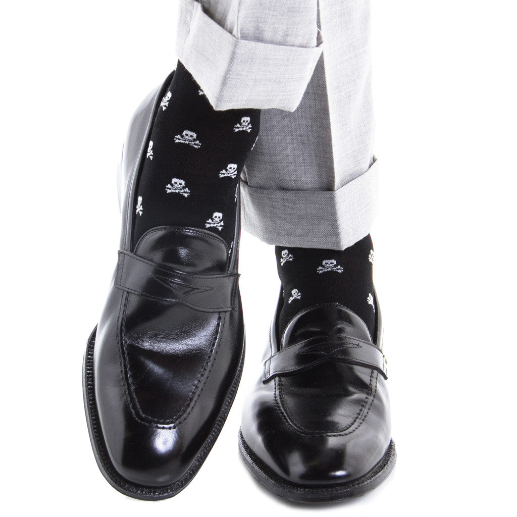 Black with White Skull and Crossbone Sock Linked Toe Mid-Calf - mid-calf - dapper-classics