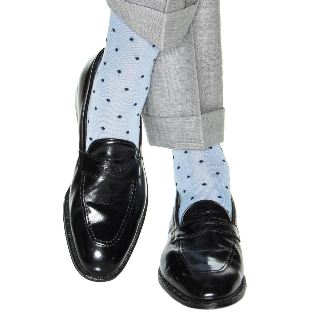 Sky Blue with Navy Polka Dot Socks Linked Toe OTC - over-the-calf - dapper-classics