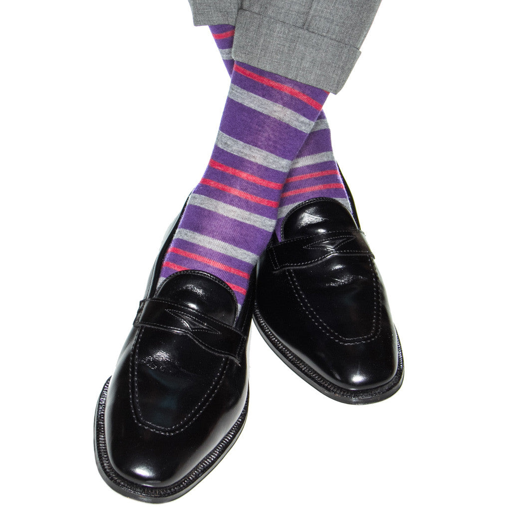 Men's purple stripe dress socks with merino wool over the calf and crafted in the USA