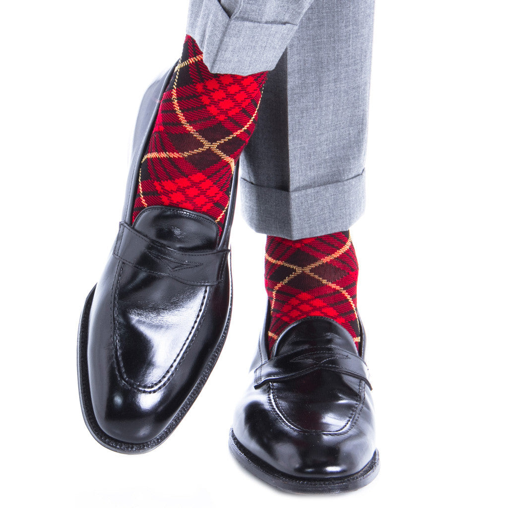 Red with Black and Yellow Tartan Sock Linked Toe Mid-Calf - mid-calf - dapper-classics - 3