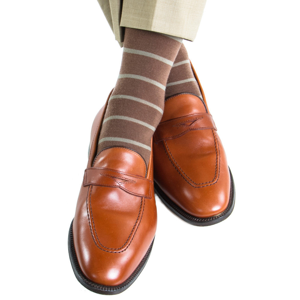 Brown with Taupe Stripe Linked Toe Fine Merino Wool Mid-Calf - mid-calf - dapper-classics - 1