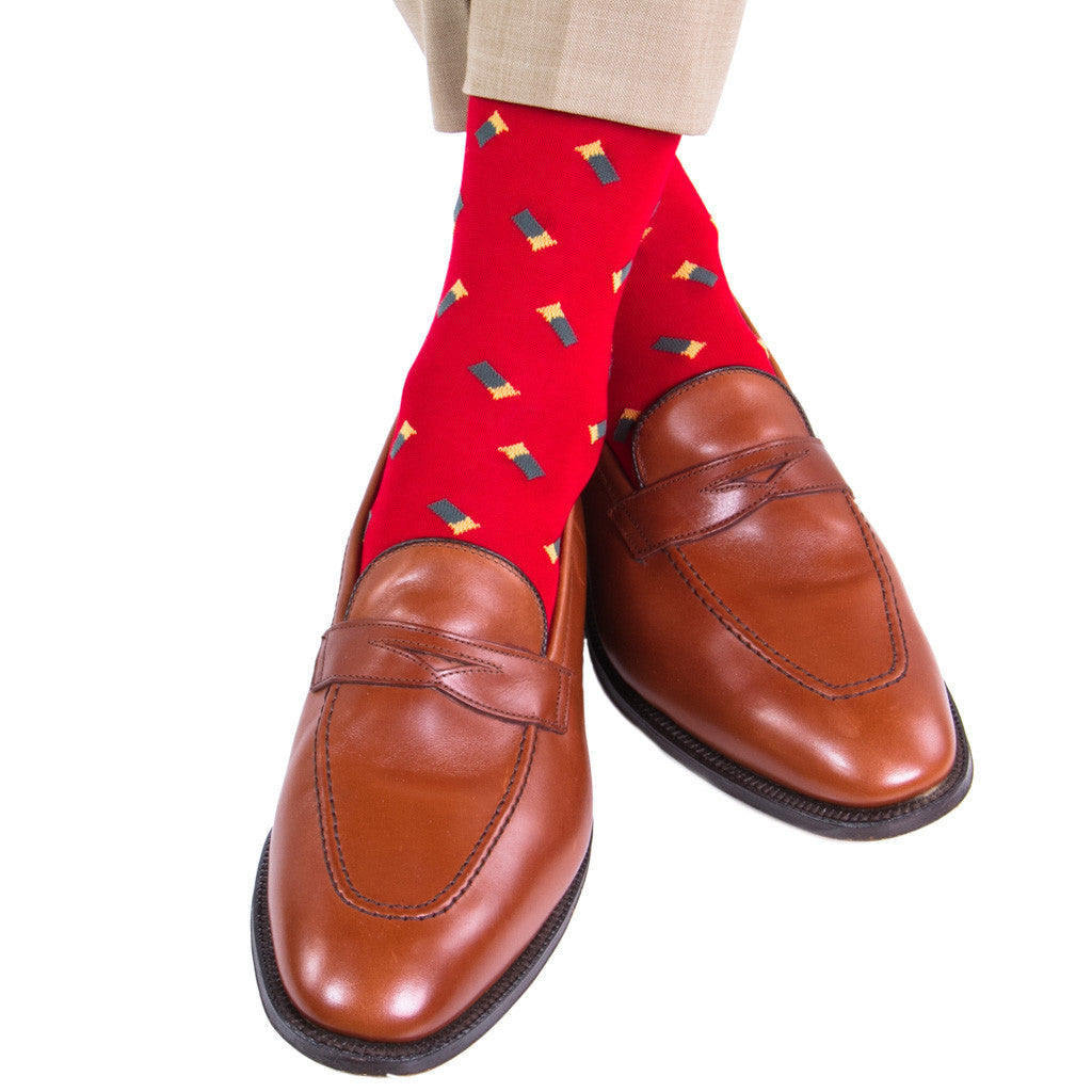 Red with Green Shotgun Shell Sock Linked Toe OTC - over-the-calf - dapper-classics