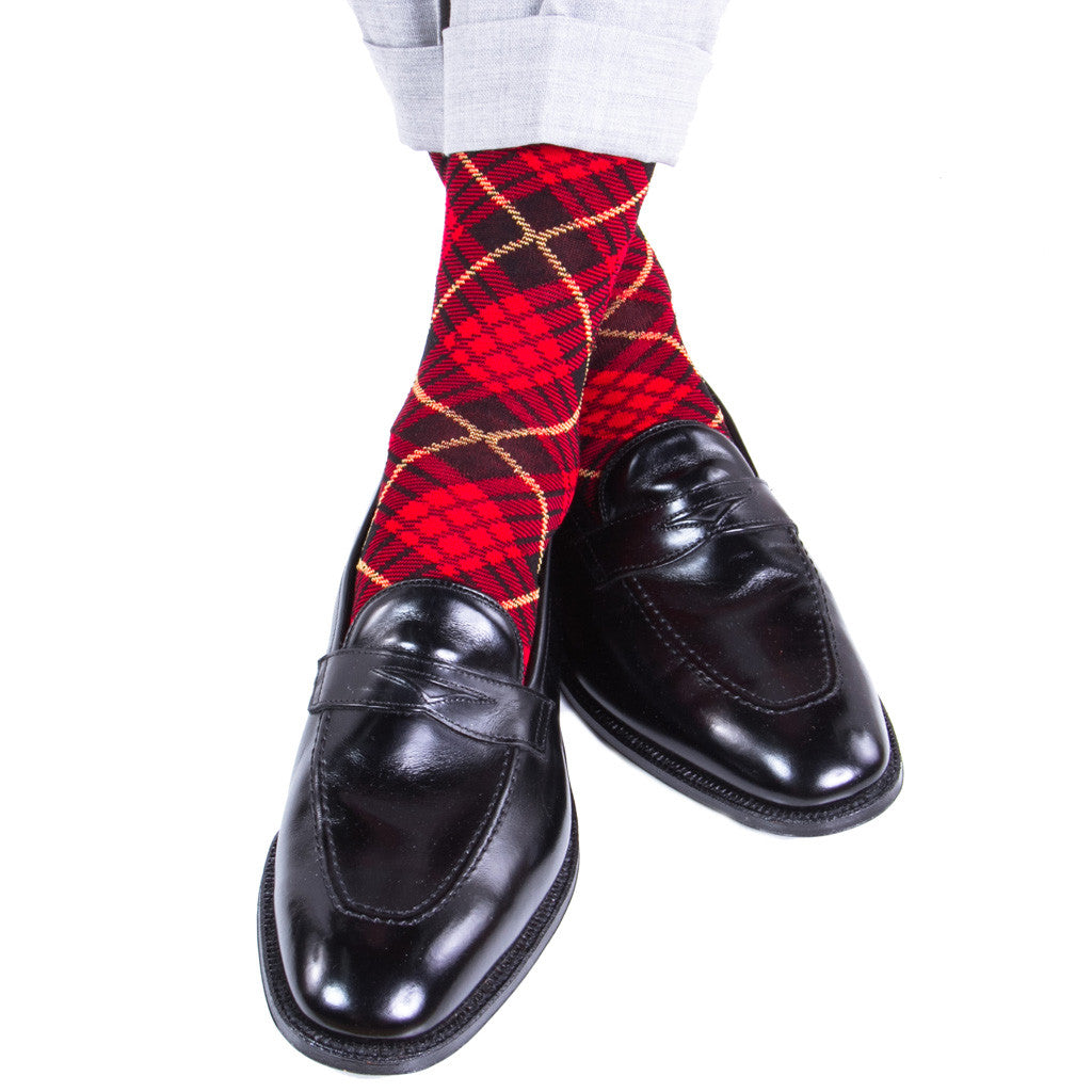 Red with Black and Yellow Tartan Sock Linked Toe Mid-Calf - mid-calf - dapper-classics - 1
