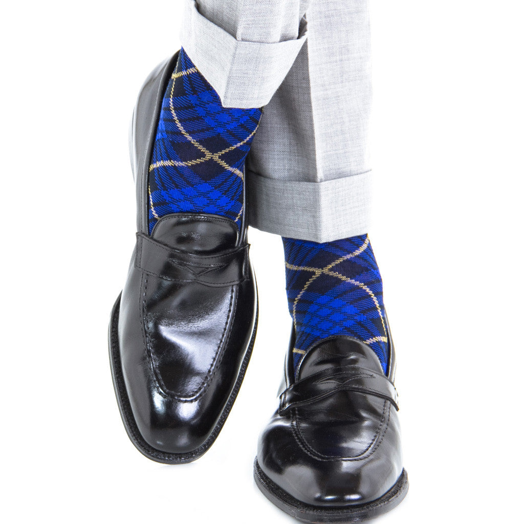 Clematis Blue with Navy and York Tartan Sock Linked Toe Mid-Calf - mid-calf - dapper-classics