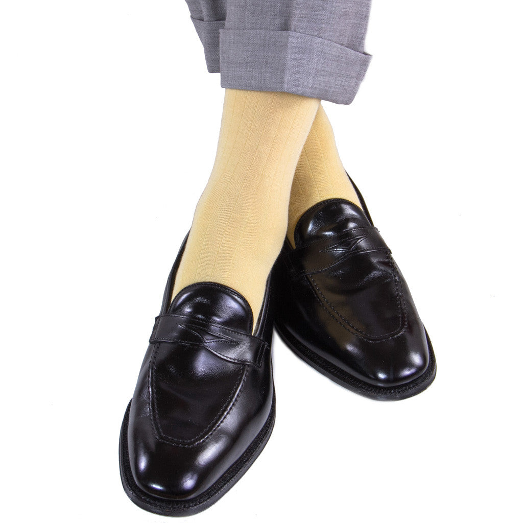 Buttercream Ribbed Solid Sock Fine Merino Wool Linked Toe Mid-Calf - mid-calf - dapper-classics